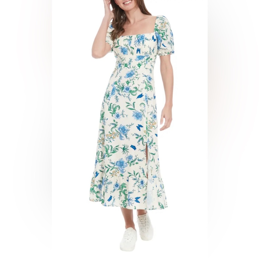 London Times Cream Maxi Dress with Blue & Green Floral Print